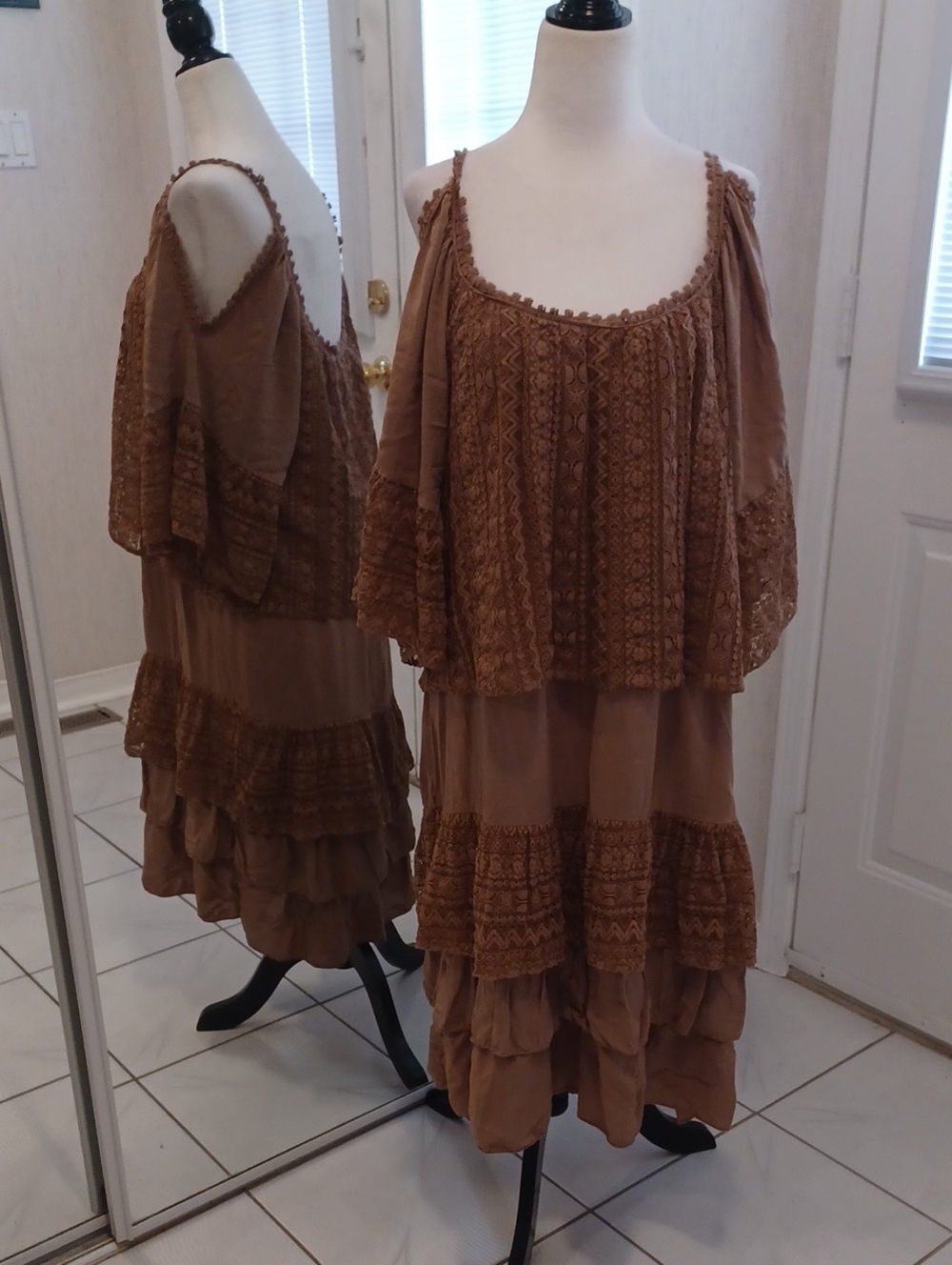 2/$50 Italian Boho Tiered Light Brown Dress with Lace Trim - O/S (Fits Size 1X)